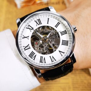 Men'S Classic Silveryy White Hollow Manual Winding Mechanical Watch with Luminous Hands, Black Faux Leather Strap, Fashion Business Watch, Anniversary Festival Birthday Gift, Without Battery